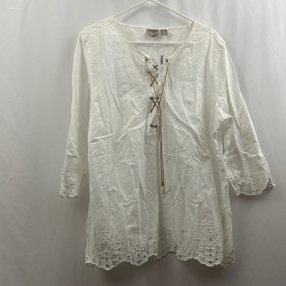 Chico’s Peasant Top 3/4 Sleeves Optic White Blouse Top Lace Up Tunic Women’s New